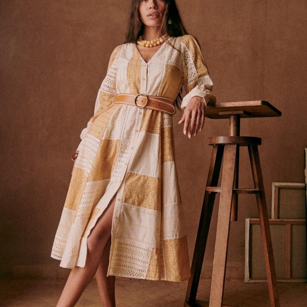 Sezane Cream and Mustard Patchwork Midi Dress
